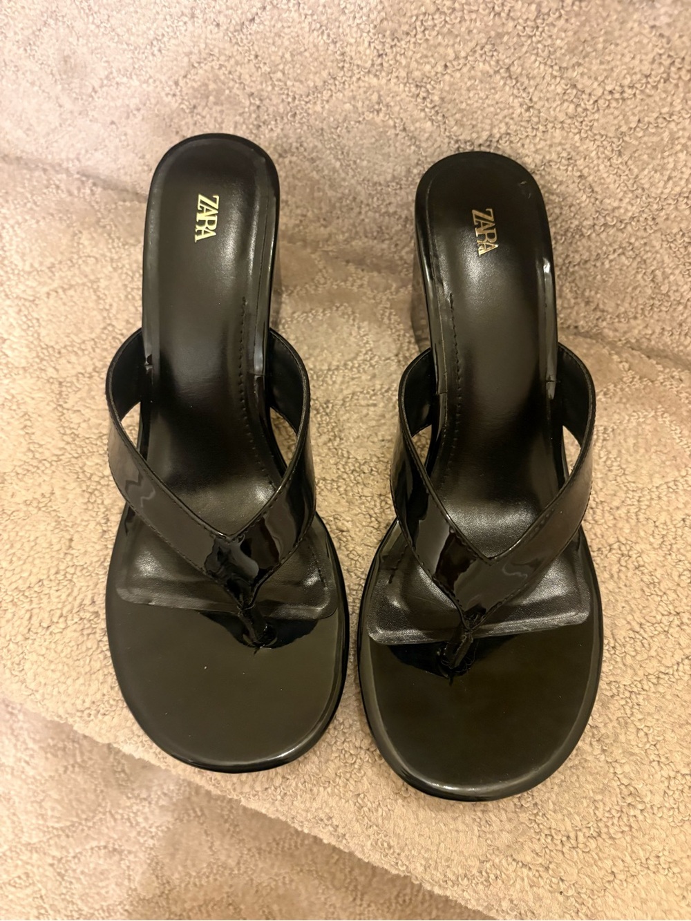 Zara Black Patent Thong Mules with Square Toe